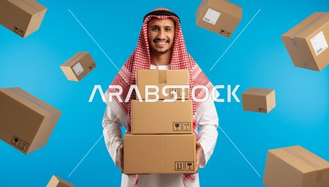 رجل سعودي يحمل صناديق شحن للتجارة الإلكترونية