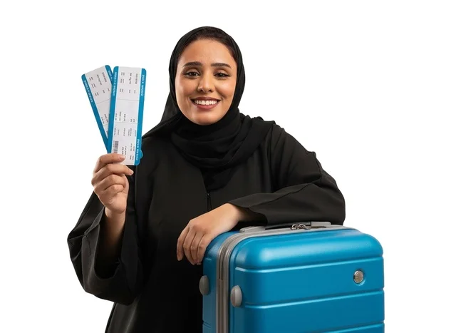 امرأة سعودية تحمل تذاكر طيران مع حقيبة سفر