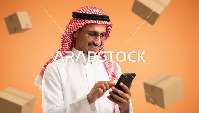 رجل سعودي يستخدم الهاتف للتسوق الإلكتروني