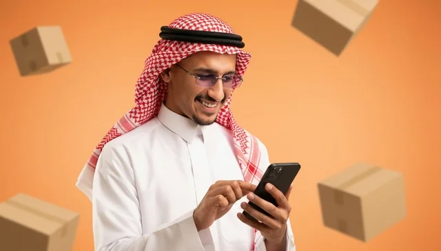 رجل سعودي يستخدم الهاتف للتسوق الإلكتروني