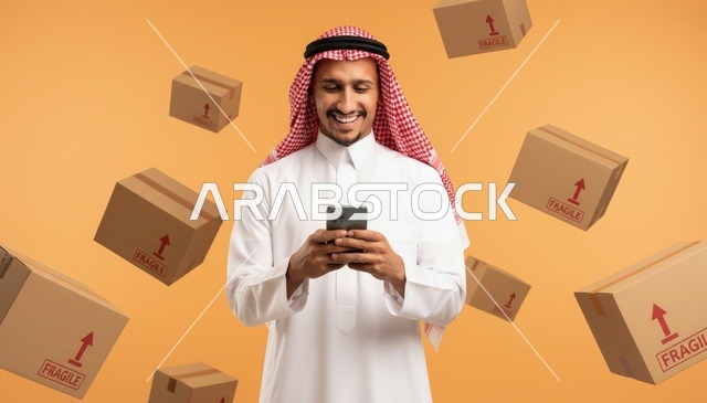 Saudi Man Using Smartphone with Floating Delivery Boxes