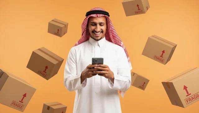 Saudi Man Using Smartphone with Floating Delivery Boxes