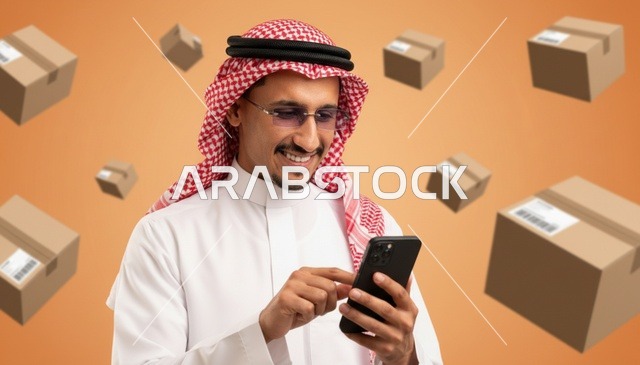 رجل سعودي يستخدم الهاتف الذكي للتسوق الإلكتروني والشحن
