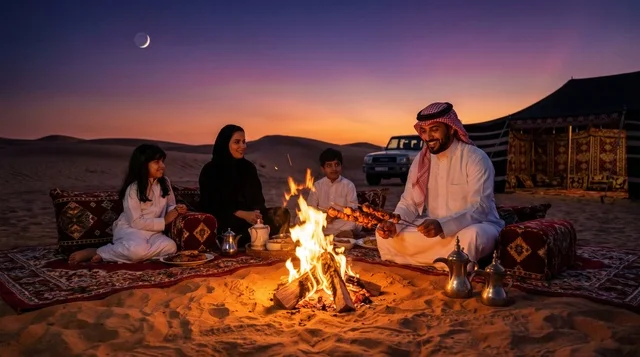 عائلة سعودية تشوي اللحم في كشتة برية بالصحراء