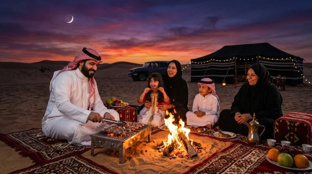 Saudi Family Desert Camping and Grilling at Sunset