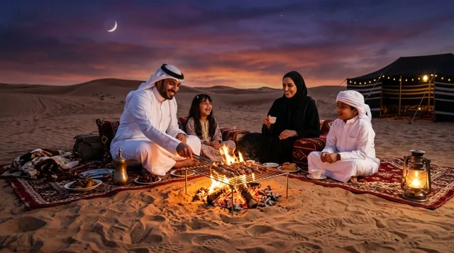 عائلة سعودية تشوي اللحم في رحلة تخييم برية بالصحراء
