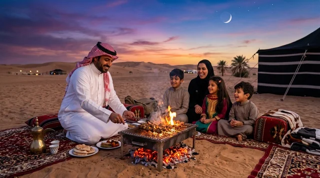 Saudi Family Grilling BBQ at Desert Camp During Eid Saudi Family Grilling BBQ at Desert Camp During Eid