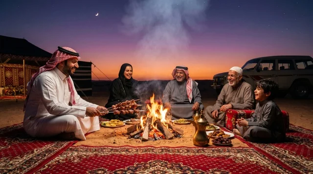 عائلة سعودية في رحلة تخييم وشواء بالصحراء خلال العيد