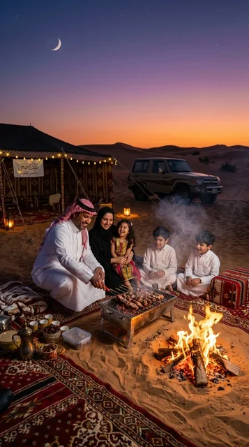Saudi Family Desert Camping and Grilling during Eid
