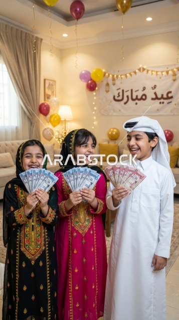 أطفال سعوديون بالملابس التقليدية يحتفلون بالعيدية في المنزل