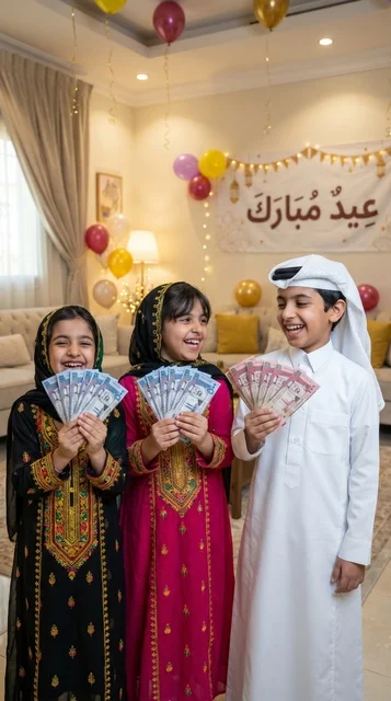 أطفال سعوديون بالملابس التقليدية يحتفلون بالعيدية في المنزل