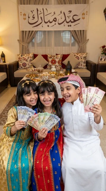 أطفال سعوديون بملابس تقليدية يفرحون بالعيدية في عيد الأضحى، فرحة الأطفال واحتفالات العيد بالمنزل.