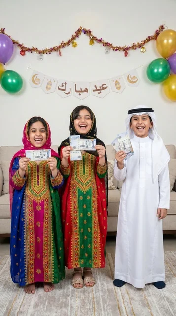 Saudi Children Holding Eidiya Money for Eid Celebration