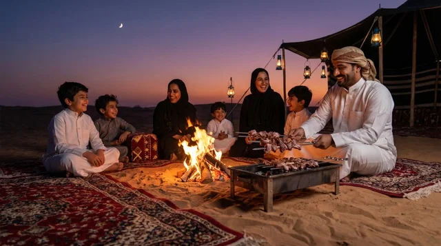 عائلة سعودية في كشتة برية لشواء لحم الأضحية في الصحراء