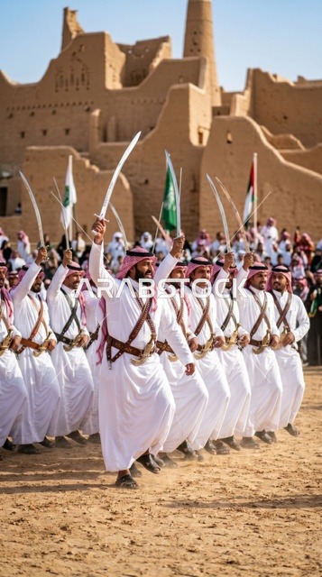 رقصة العرضة السعودية بالسيوف في الدرعية التاريخية نهارا