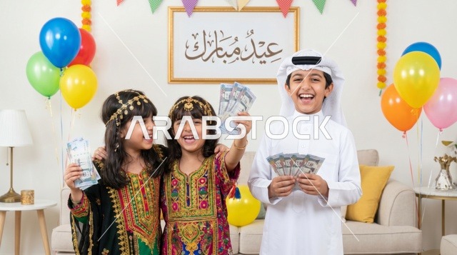 أطفال سعوديون يحتفلون بالعيدية في المنزل بمناسبة العيد
