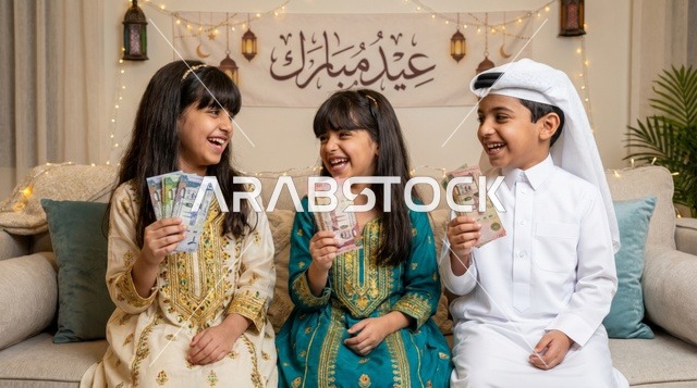 أطفال سعوديون مع العيدية في احتفالات العيد بالمنزل
