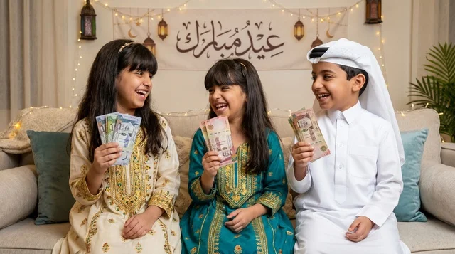 Saudi Children with Eidiya Money for Eid Celebration
