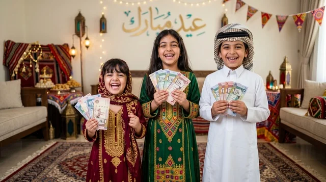 أطفال سعوديون يمسكون العيدية في المنزل