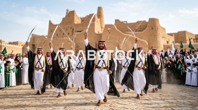 رقصة العرضة السعودية بالسيوف في الدرعية التاريخية