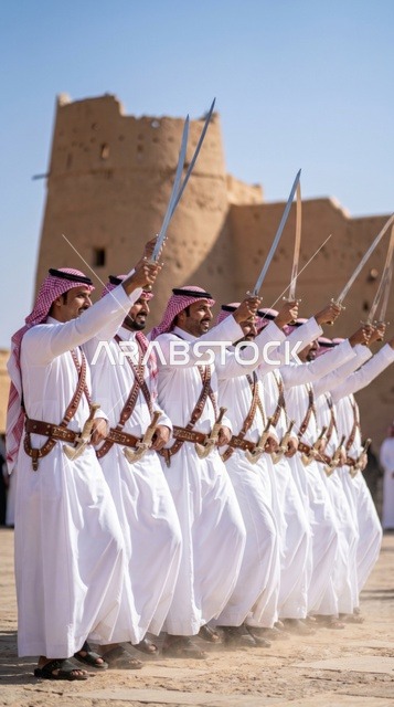 رقصة العرضة السعودية بالسيوف في الدرعية التاريخية