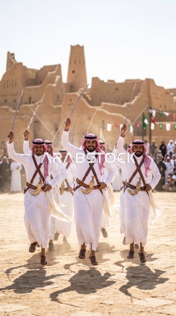 رقصة العرضة السعودية بالسيوف في الدرعية التاريخية