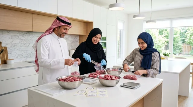 Saudi Family Packaging Eid Al-Adha Meat in Modern Kitchen Saudi Family Packaging Eid Al-Adha Meat in Modern Kitchen