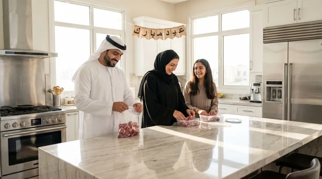 Saudi Family Packing Eid al-Adha Sacrificial Meat