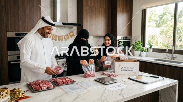 عائلة سعودية تجهز لحم الأضحية للتوزيع في المطبخ