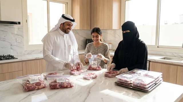Saudi Family Packing Sacrifice Meat in Kitchen