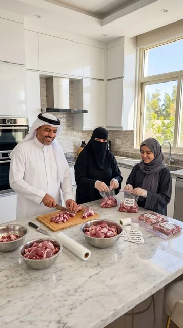 Saudi Family Preparing Sacrificial Meat in Kitchen