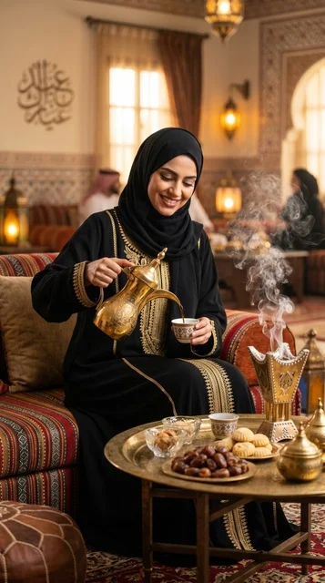 Saudi Woman Pouring Traditional Arabic Coffee in Majlis