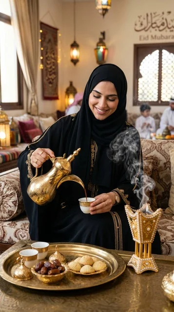 امرأة سعودية تصب القهوة العربية في ضيافة العيد