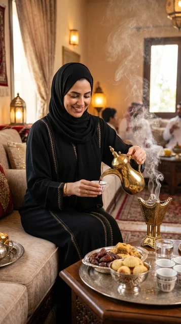 امرأة سعودية تصب القهوة العربية في مجلس تقليدي