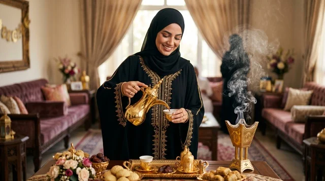 امرأة سعودية تصب القهوة العربية في ضيافة العيد