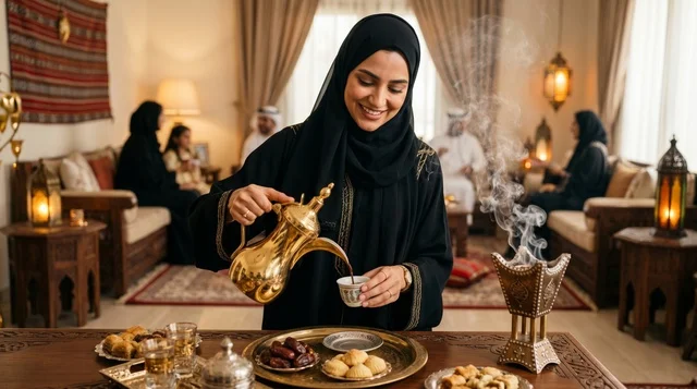 Saudi Woman Pouring Arabic Coffee for Eid Hospitality