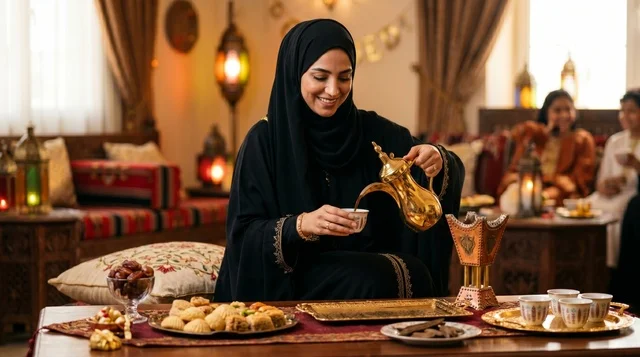 Saudi Woman Pouring Arabic Coffee in Traditional Setting