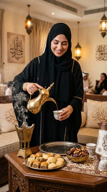 امرأة سعودية تصب القهوة العربية في ضيافة العيد