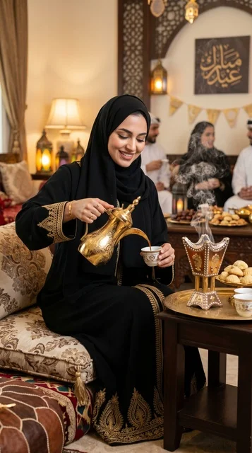 Saudi Woman Pouring Arabic Coffee for Eid Hospitality