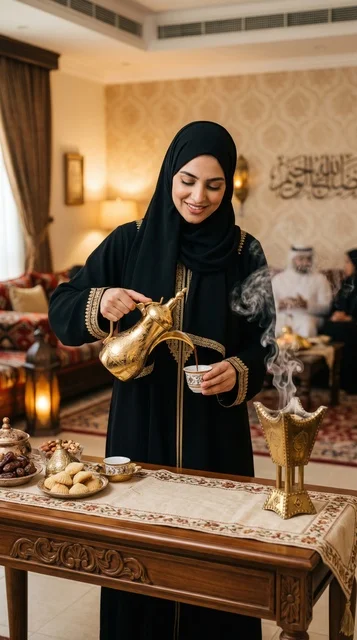 Saudi Woman Pouring Arabic Coffee during Eid Celebration