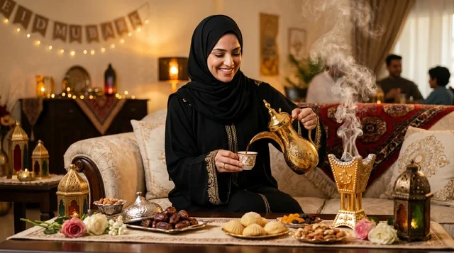 Saudi Woman Pouring Arabic Coffee for Eid Hospitality