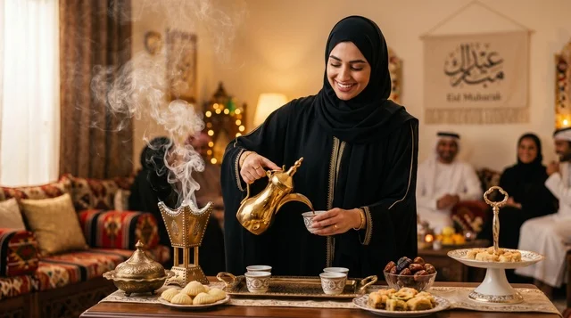 Saudi Woman Pouring Arabic Coffee During Eid Celebration