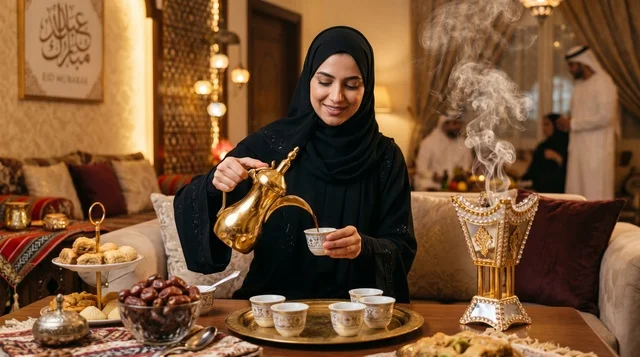 امرأة سعودية تصب القهوة العربية وتقدم بخور العود، ضيافة عيد الأضحى المبارك، تقاليد الاستقبال.