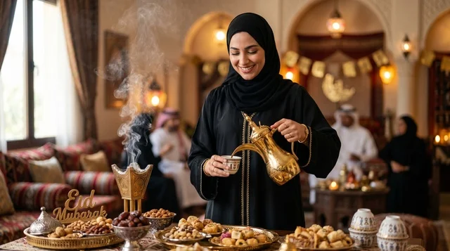 امرأة سعودية تصب القهوة العربية في احتفال عيد الأضحى
