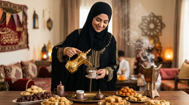 Saudi Woman Pouring Arabic Coffee with Eid Hospitality