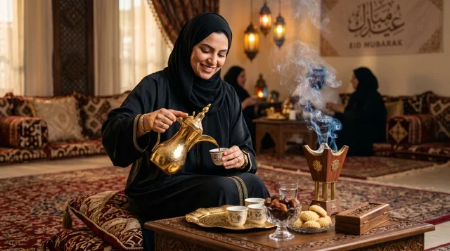 Saudi Woman Pouring Arabic Coffee for Eid Hospitality