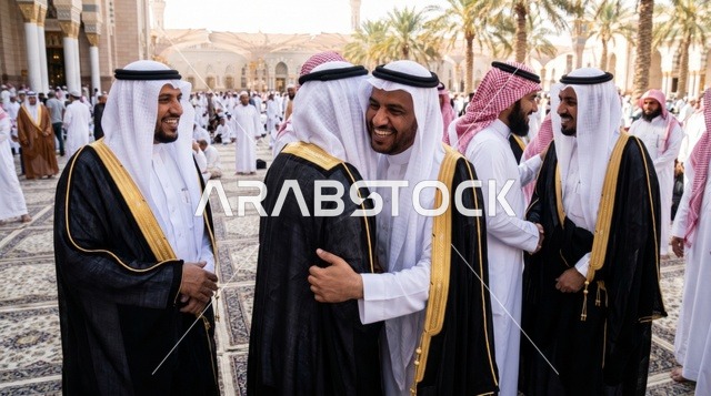 تبادل التهاني والعناق بين الرجال بالبشت في العيد