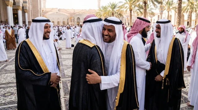 Saudi Men Hugging After Eid Prayers in Traditional Bisht