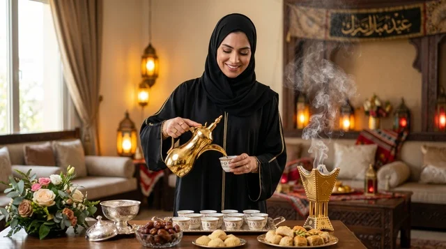 امرأة سعودية تصب القهوة العربية في العيد