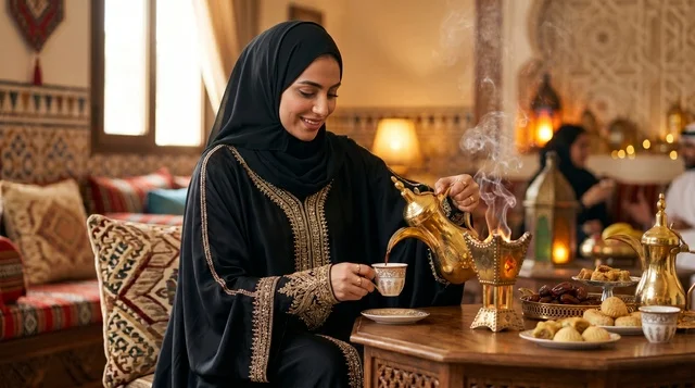 امرأة سعودية تصب القهوة العربية ضيافة عيد الأضحى
